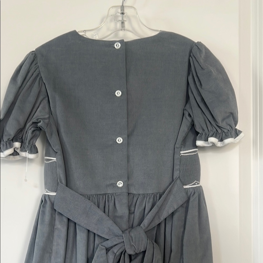 Le’ Za Me Girl’s Gray Corduroy Embellished Dress with Puff Sleeves - Picture 5 of 9